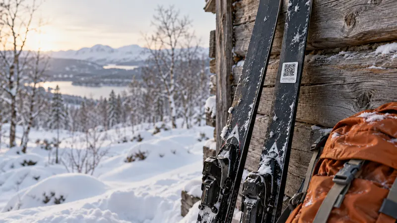 Ski lent mot en tømmervegg på en snødekt hytte, med et Finnmerke på skien.